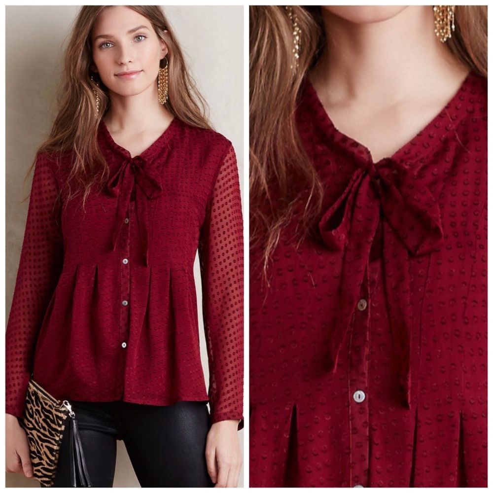 Anthropologie Meadow Rue Clipdot Tie-neck Blouse NWT Size Medium